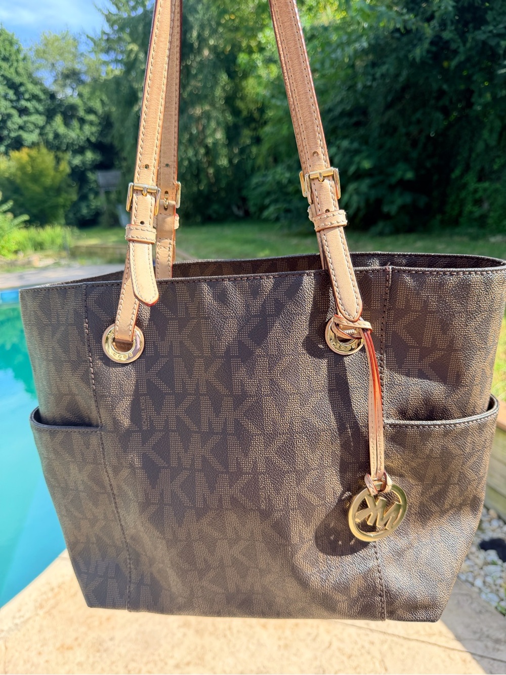 Michael Kors Brown MK Signature Tote with Tan Straps
